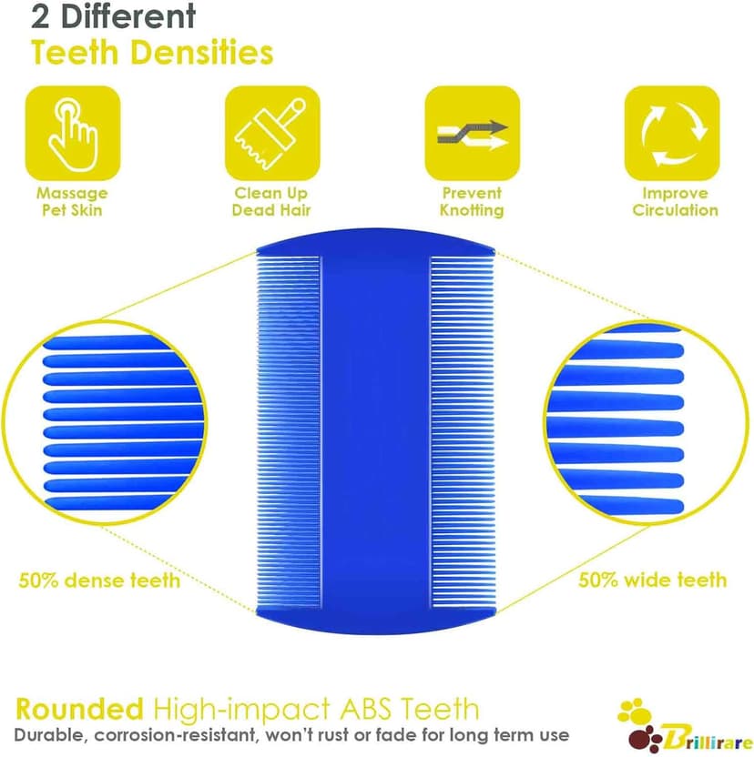 BRILLIRARE 4 Pack Flea Lice Comb, Stainless Steel Dog Cat Grooming Combs with Rounded Teeth, Double Sided Professional Pet Tear Stain Remover, Dematting Tool for Small, Medium & Large Pets