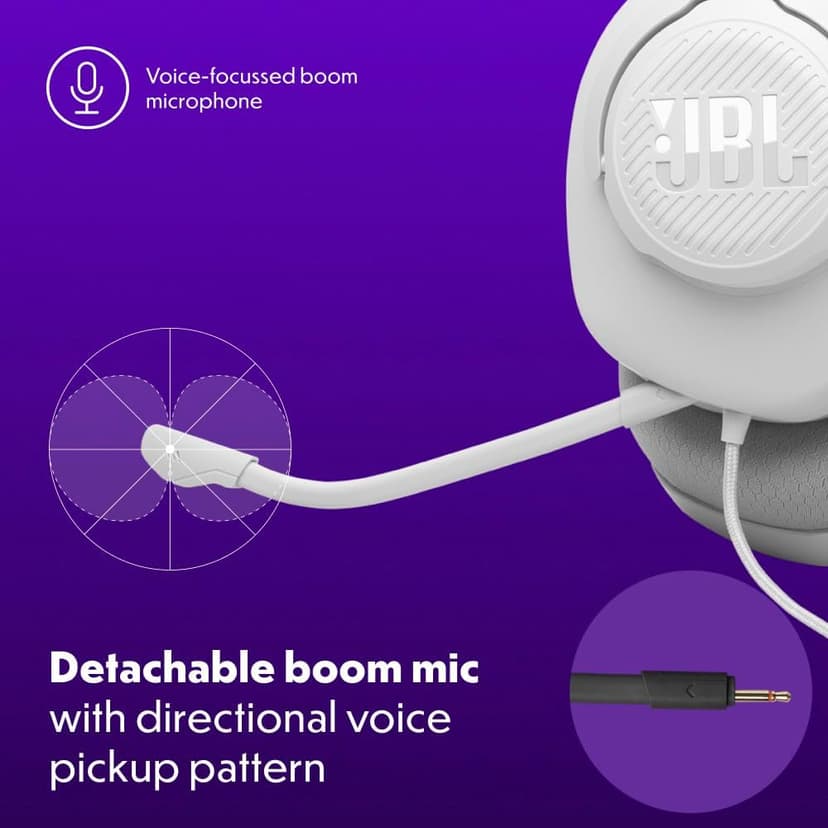 JBL Quantum 100M2 - Wired Over-Ear Gaming Headset with omnidirectional, Detachable mic with Mute Option and Fabric-Covered Memory Foam Ear Cushions, Compatible with All Platforms (White)