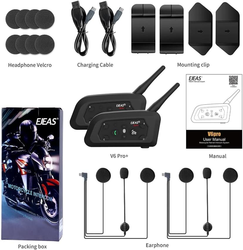 EJEAS V6 Pro Bluetooth Mesh Communication Systems Headset with 1200m Waterproof/Noise Reduction/Hands-Free Calls/Music & GPS, Motorbike/ATV/Dirt Bike/Skiing/Motorcycle Helmet Intercom(2 Pack)