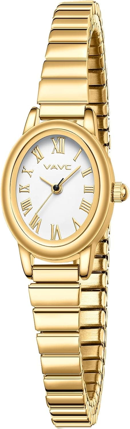 VAVC Small Gold Watches for Women,Analog Womens Watch with Stainless Steel Expansion Band,Oval Case Roman Dial,Water Resistant