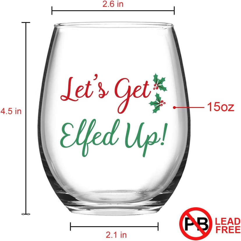 Let's Get Elfed Up Christmas Wine Glass, 15 Oz Funny Stemless Wine Glasses for Women Friends Men, Gift Idea for Christmas Wedding Party, Set of 2