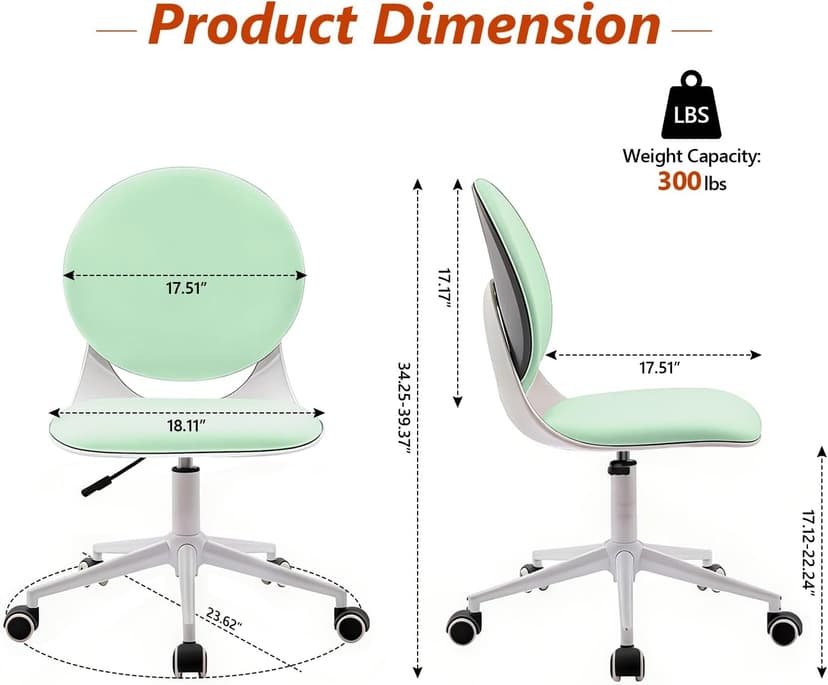 Modern Home Office Chair, Armless Faux Leather Fabric Desk Chair with Mid-Back, Swivel Height Adjustable Ergonomic Computer Task Chair for Office, Bedroom, Make Up, Study