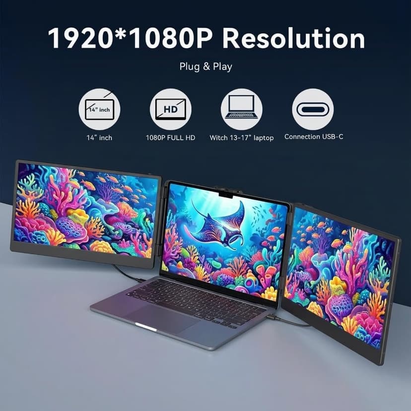 APILDELLA 14'' Triple Laptop Screen Extender, 1080P FHD Laptop Extended, Ultra-Thin Portable Monitor for Laptop, Plug-Play Dual Monitor for 13-17.3'' Laptops, Work with Mac, Windows, Chrome