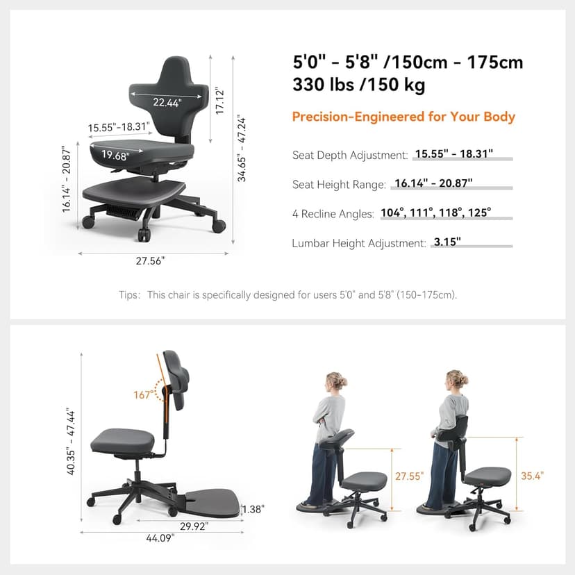 Newtral Standing Mate Chair, 5-in-1 Ergonomic Office Chair for Standing Desk, Sit Stand Lean Perch Saddle Stool with Flip Backrest & Dynamic Posture Support, Height Adjustable Active Chair