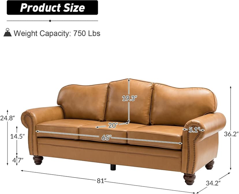 The support you need Classic 3-Seater Sofa with Premium Leather Upholstery, Stylish & Comfortable Sofa for Living Room or Office, Easy to Maintain & Long-Lasting Camel