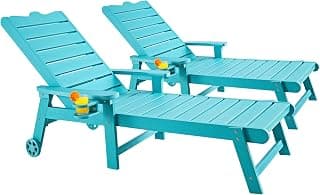 ONBRILL Patio Chaise Lounge Set of 2, Outdoor Lounge Chairs with 5-Level Adjustable Backrest, CupHolder, No Fade, No Break, 350lbs Capacity, HDPS Material, Blue