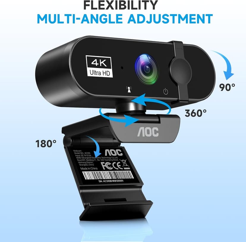 AOC 4k Webcam for PC with Microphone, Computer Camera with Noise Cancellation, Privacy Cover, 99° FOV, Plug & Play USB Webcam for Streaming, Conferencing, Zoom, Skype, Facetime, Laptop, PC, Skype