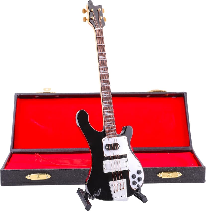 Dselvgvu Wooden Miniature Electric Bass Guitar with Stand and Case Mini Musical Instrument Electric Bass Guitar Replica Collectible Figurines Model Home Decoration Birthday Gifts (7.87"x2.36"x0.35")