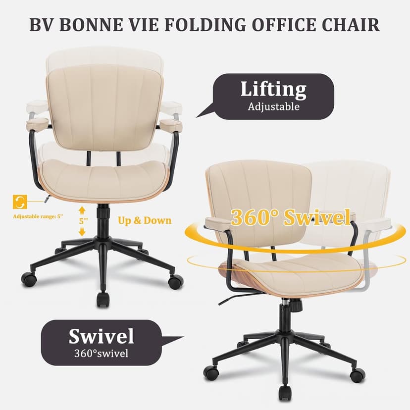Mid Century Modern Office Chair, Fixed Back Rolling Desk Chair with Armrests and Walnut Back, Adjustable Height for Home Office, Beige