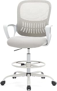 DUMOS Drafting Chair - Ergonomic Tall Office for Standing Desk, Counter with Height Adjustable and Comfortable Lumbar Support, Fixed Armrests, Grey