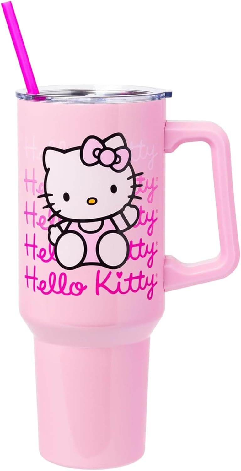 Silver Buffalo Sanrio Hello Kitty Waving Stainless Steel Tumbler with Handle and Straw, Fits in Standard Cup Holder, 40 Ounces