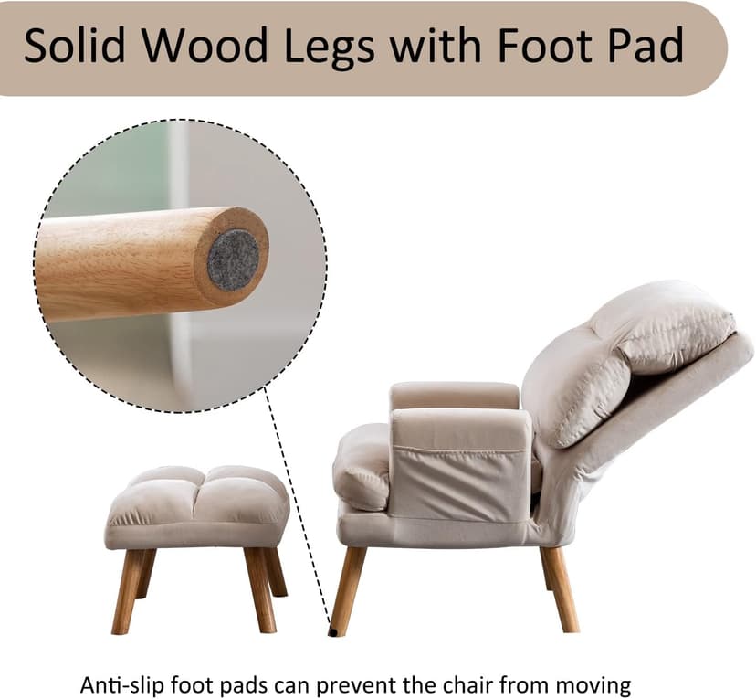 INZOY Accent Chairs with Ottoman Set, Modern Velvet Armchair with Adjustable Backrest, Comfy Lounge Chair for Living Room Bedroom, Beige