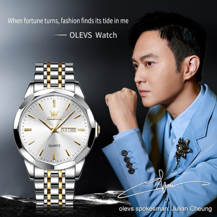 OLEVS Watch for Men Diamond Business Dress Analog Quartz Stainless Steel Waterproof Luminous Date Two Tone Luxury Casual Wrist Watch Blue