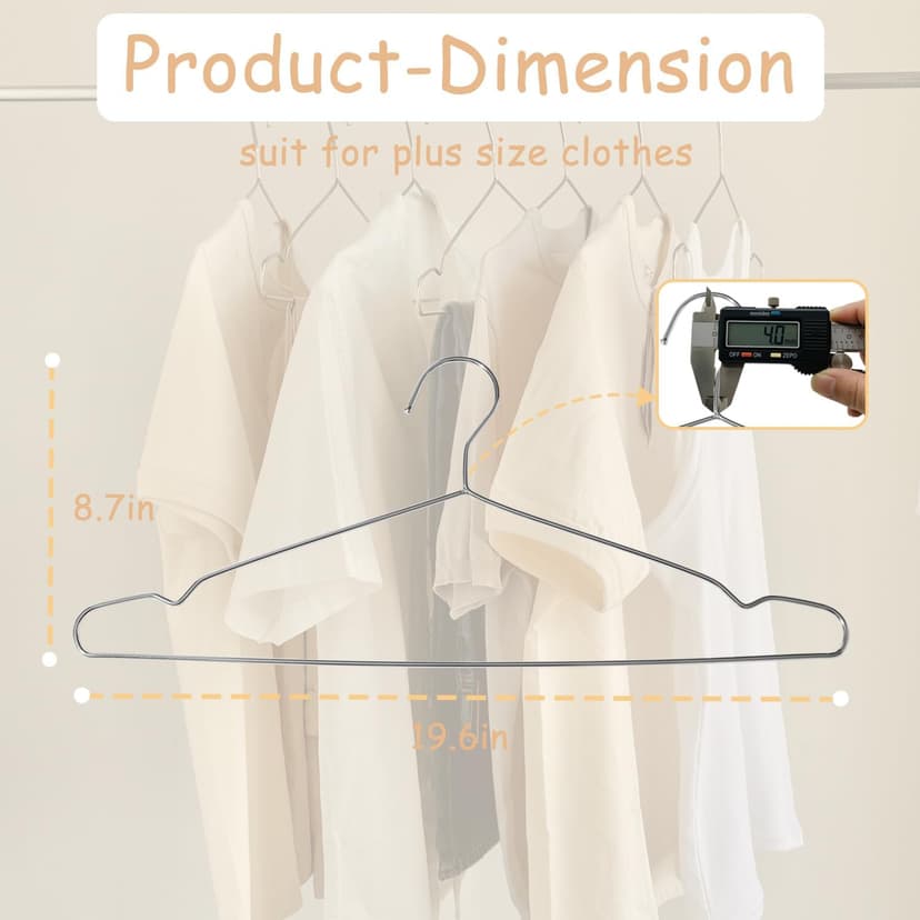 Extra Wide Wire Hangers for Plus Size Clothes, 19.6 Inch Stainless Steel Plus Size Hangers Ideal for XL, XXL Shirts, Coats, Dresses, Etc. Silver. 10pk.