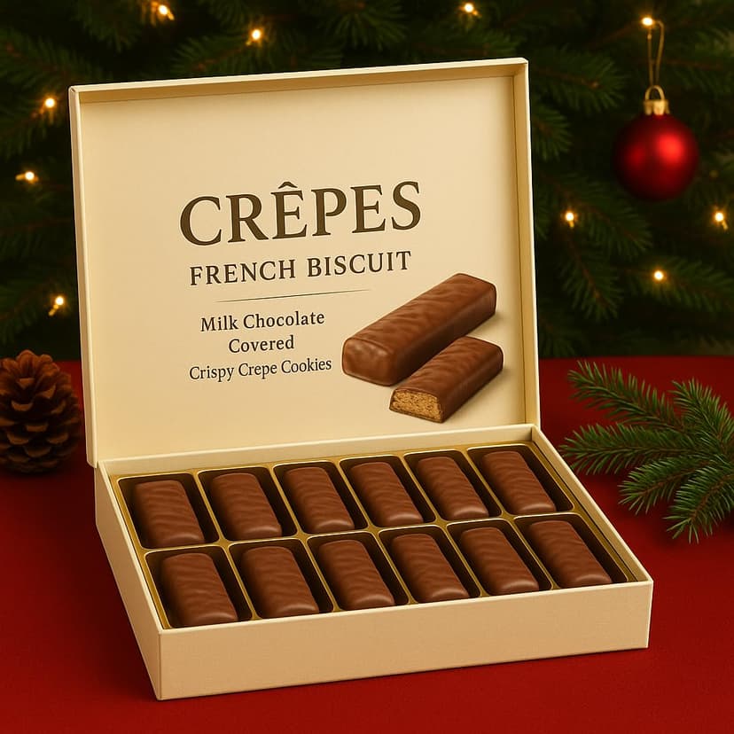 Luxury Crepes French Biscuit Gift Box, Milk Chocolate Covered Crispy Crepe Cookies – European Gourmet Chocolate Biscuits in Elegant Gift Packaging, 19.36 oz – Holiday Treat & Christmas Gift Box.Package May Vary