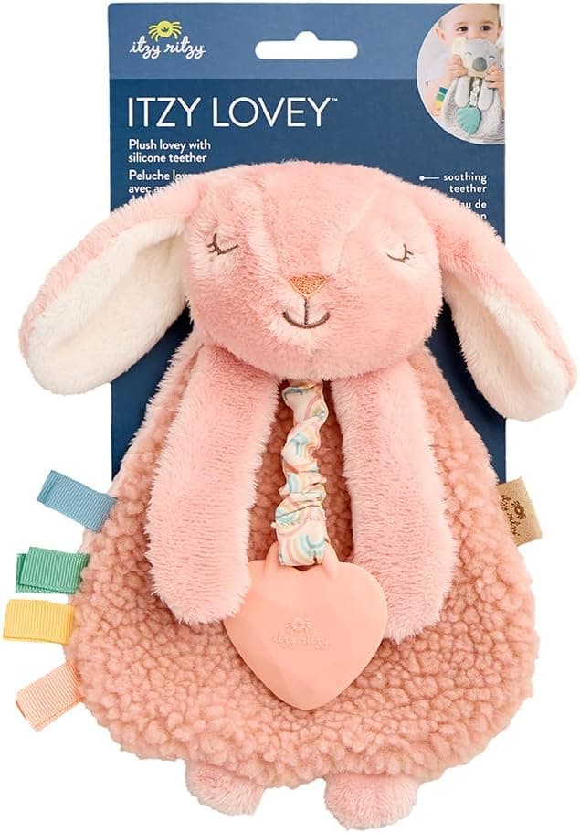 Itzy Ritzy - Itzy Lovey Including Teether - Baby Lovey with Teether, Textured Ribbons & Dangle Arms - Features Crinkle Sound, Sherpa Fabric and Minky Plush (Pink Bunny)