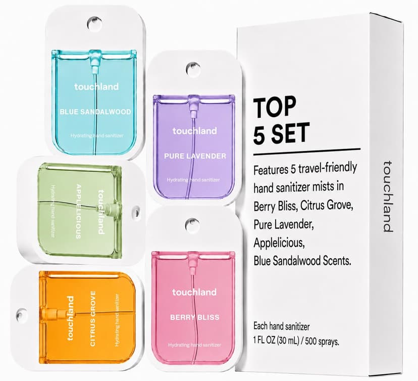 TSA ready Power Mist with skincare benefits. Applelicious, Berry Bliss, Blue Sandalwood, Citrus Grove and Pure Lavender Touchland Top 5 Hydrating Hand Sanitizer Spray Set Travel Size B09JFLV454