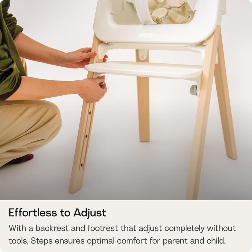 Stokke Steps High Chair for Babies & Children from 6 Months to 10 Years – 2-in-1 Adjustable & Ergonomic Design – Removable Baby Set, Tray & Safety Harness – 18.9 x 24.4 x 34.7 – White/Natural