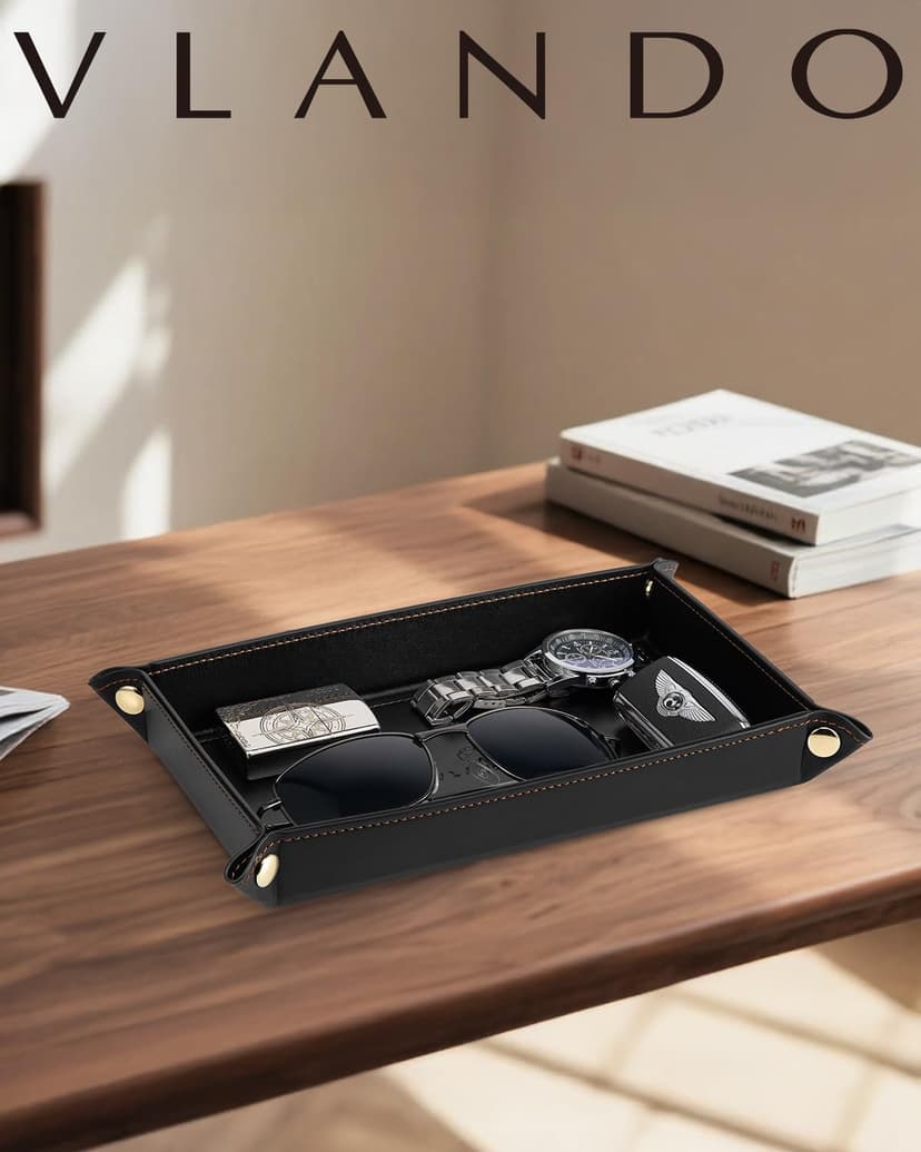 Travel Valet Tray for Keys, Wallet, Watch, Phone and Glasses, Nightstand Dresser Desk Entryway Organizer for Men and Women VLANDO Valet Tray for Men, Foldable PU Leather Catchall Tray, Black B0H5VHQ9Q9