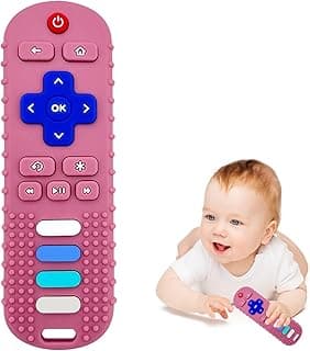 ROBBEAR Baby Teething Toys, Food Grade Silicone Teether for Babies 3 6 12 18 Months, TV Remote Shape Toddlers Chew Toys, Freezer BPA Free (Pink RC)
