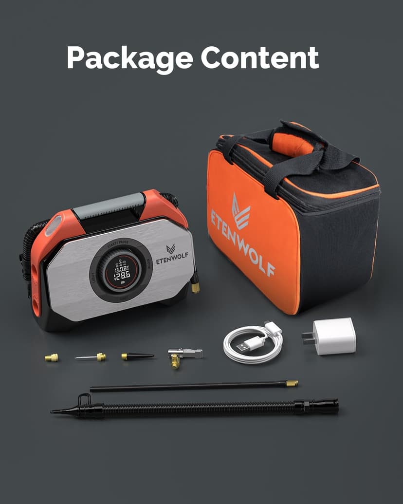 with 19200mAh for Heavy duty Vehicle, Car & Inflatables, 100% Duty Cycle & Dual Cylinder, Bike Pump with LED Backlight,Orange ETENWOLF VORTEX S6 Tire Inflator Portable Air Compressor, Cordless Air Pump B0CGLTPKBZ