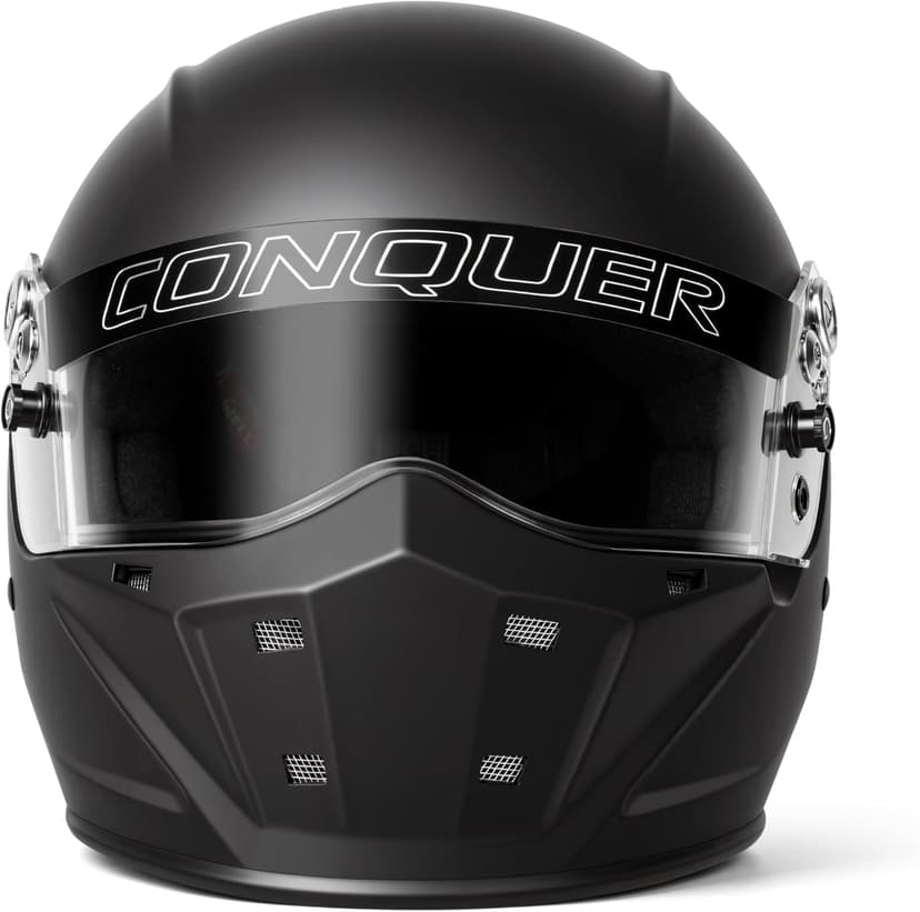 Conquer Snell SA2025 Approved Full Face Auto Racing Race Car Helmet - Adult | Men | Women | - Black / White / Silver