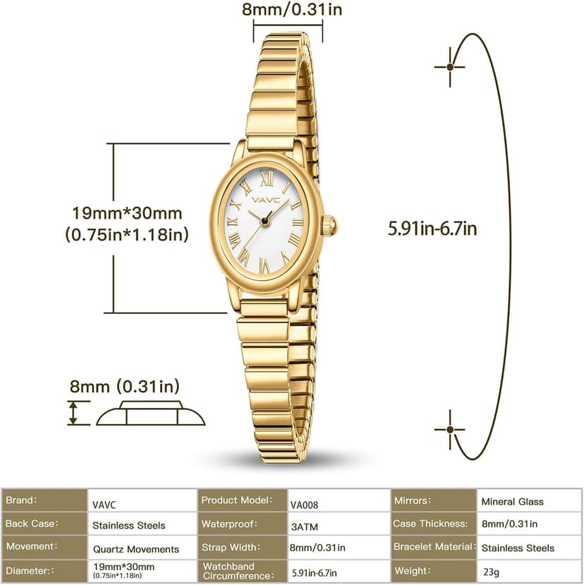 VAVC Small Gold Watches for Women,Analog Womens Watch with Stainless Steel Expansion Band,Oval Case Roman Dial,Water Resistant