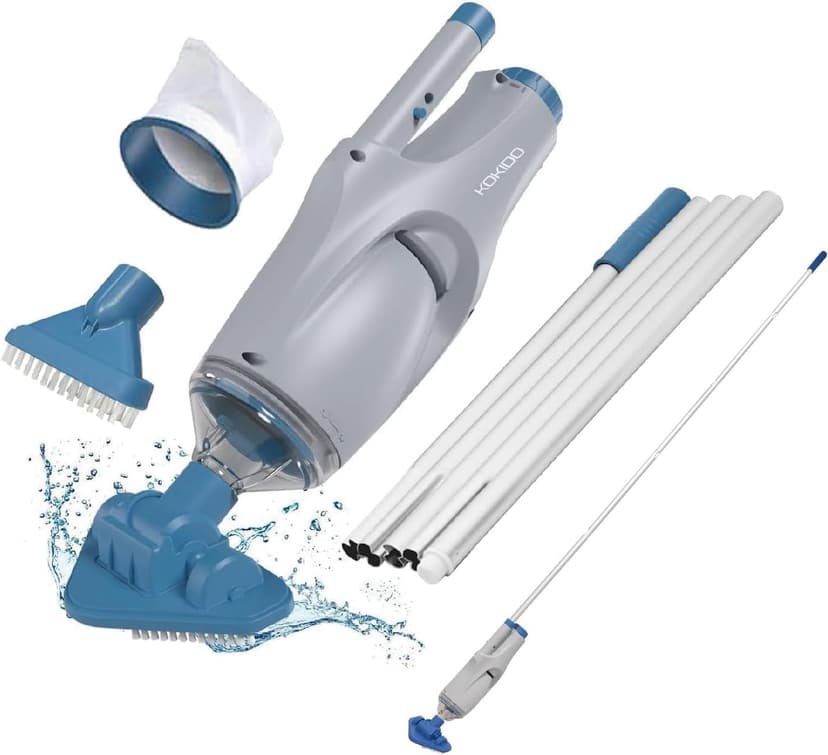 KOKIDO Rechargeable Handheld Hot Tub Spa Pool Vacuum, IPX8, Aluminum Pole and 2 Brush Heads, Cordless, Ideal for Light-Duty Spot Cleaning Spas and Small Pools up to 20ft, 60-min, Sand and Debris XV110