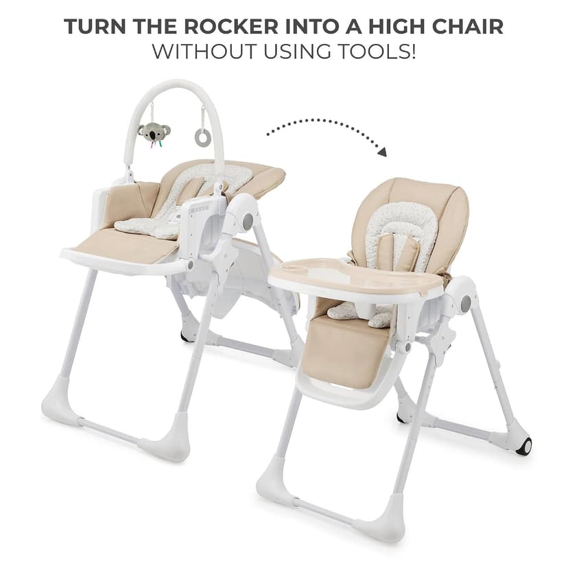 Kinderkraft Tummie, 2-in-1 high Chair, Baby Chair, Ergonomic, Comfortable, Reclining, Foldable, with Ajustable Height, Footrest, Detachable Tray, for Toddler, with Toys, Beige