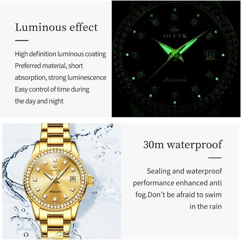 OLEVS Womens Diamond Watches Automatic Mechanical Gold Luxury Dress Ladies Self Winding Original Stainless Steel Wrist Watch