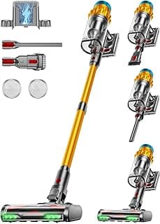 Cordless Vacuum Cleaner, 650W/55KPA, 70 Mins Runtime Self-Standing Stick Vacuum, Vacuum Cleaners for Home with Anti-Tangle Brush, Smart Display, 1.8L Cup Vacuum for Pet Hair/Carpet/Floor (Gold)