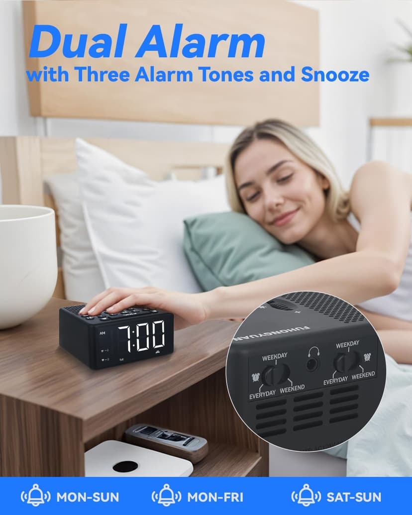 Digital Alarm Clock Radio with AM/FM Radio, Presets, Scan, Dual Weekday/Weekend Alarms, Snooze, Sleep Timer and Dimmable White LED Display for Bedroom, Living Rooms, Kitchens, Offices, etc (White)