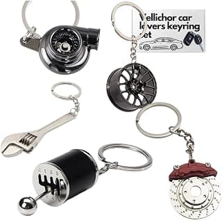 5pc Car Lovers Key Chain Set - Manual Gear Shifter | Wheel Rim | Spanner | Turbo | Brake Disc Keychain | Auto Enthusiast Gift Set | Car Truck Bike | Parts Keyring B0BZ8L2BS2