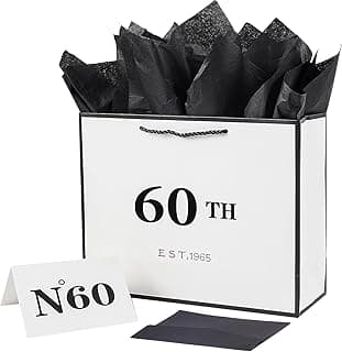 Jaywayang 60th Birthday White and Black Large Gift Bag with Card and Tissue Paper, Metallic Printing Keepsake Gift Vintage Bag for Men Women, 1965 Mom Dad 60 Year Old Party Paper Bag for Gifts Wrapping, Anniversary.