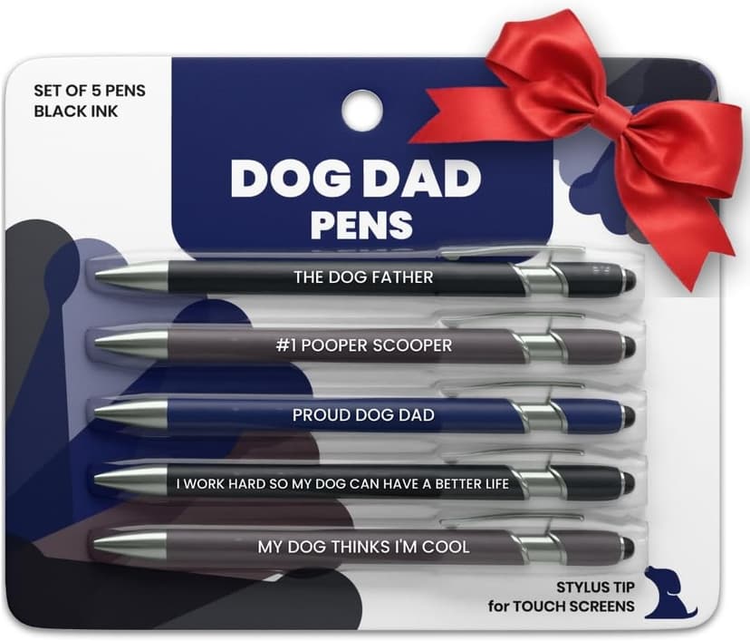 Funny Dog Dad Gift Pen Set – 5 Black Ink Ballpoint Pens with Stylus Tip & Metal Barrel with Doggy-Themed Quotes – Cool Dog Dad Gift for Men for Christmas, Stocking Stuffers, Birthday, Father’s Day