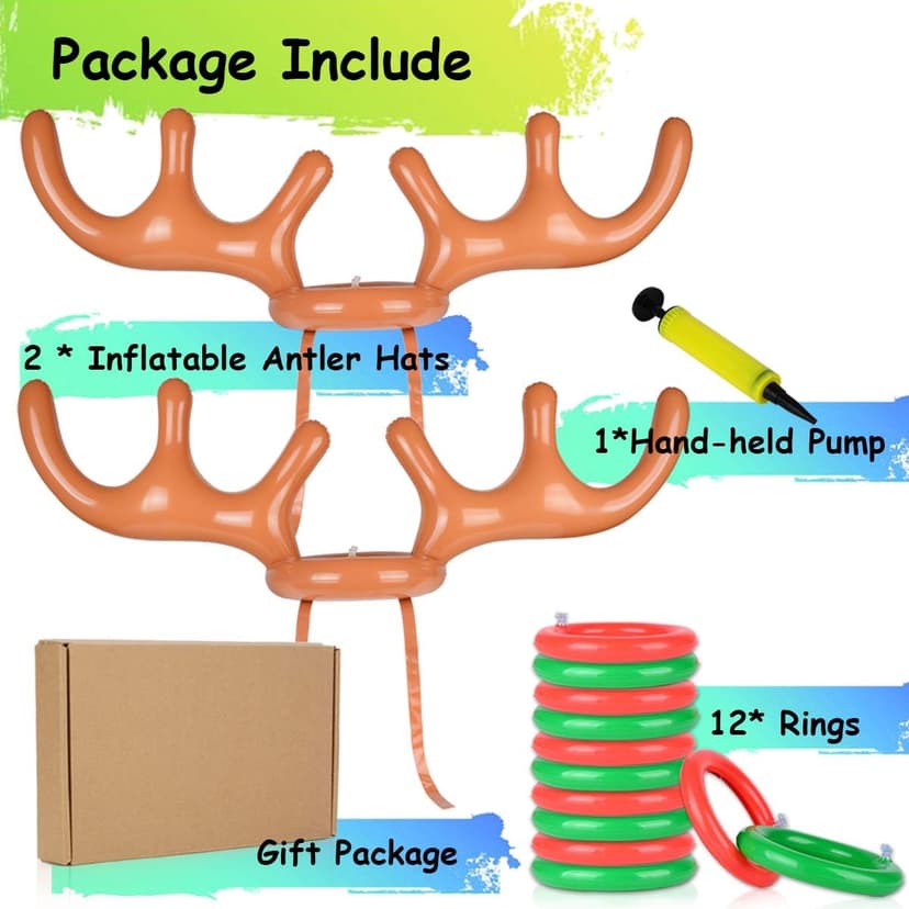 2 Set Inflatable Reindeer Antlers Ring Toss Game, Christmas Games for Family Party Great for Adults and Kids