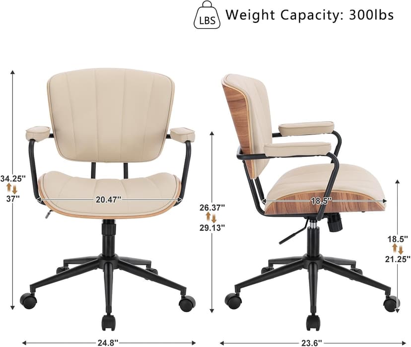 Mid Century Modern Office Chair, Fixed Back Rolling Desk Chair with Armrests and Walnut Back, Adjustable Height for Home Office, Beige