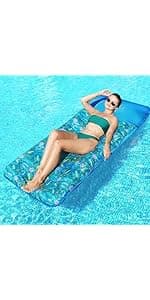 FindUWill Oversized Pool Float Lounge, 72" X 37" Extra Large Fabric-Covered Pool Floats for Adults, Inflatable Contour Lounger with Headrest Ultra-Comfort Cooling Pool Raft (XL, Monstera)