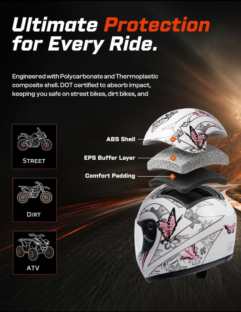 TCMT Full Face Motorcycle Helmet for Adults Men Women, Lightweight Polycarbonate Street Bike Dirt Bike Helmet with Anti-Scratch Mirror Shield and Removable Liner, DOT Approved
