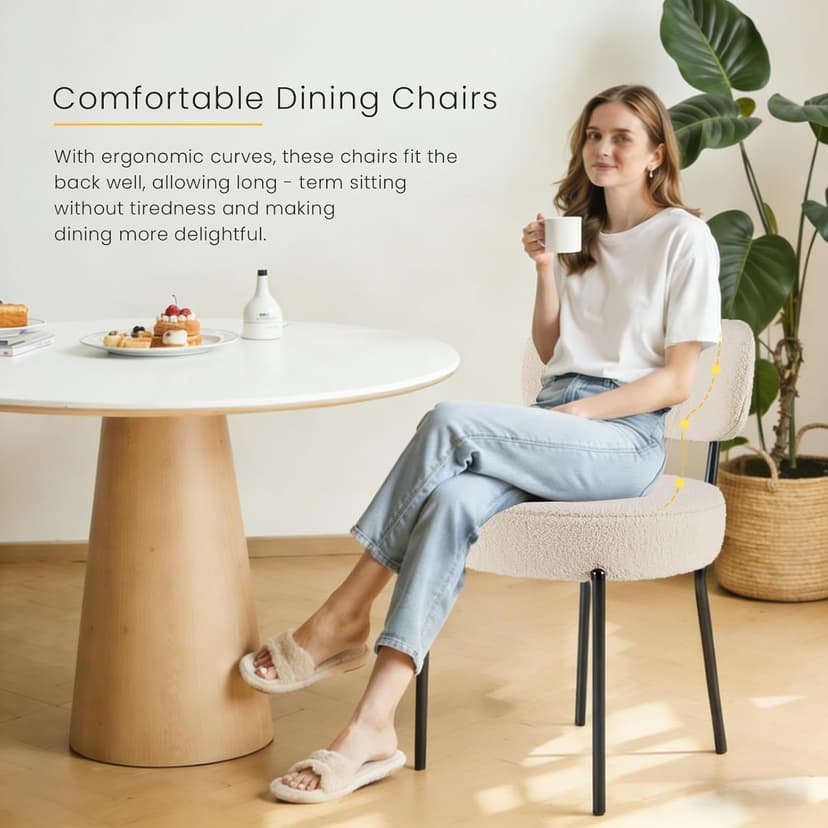 DUMOS Dining Chairs Set of 4, Mid Century Modern Chair Round Upholstered Curved Backrest, Kitchen Vanity Living Room Chairs with Black Metal Legs,Light Beige