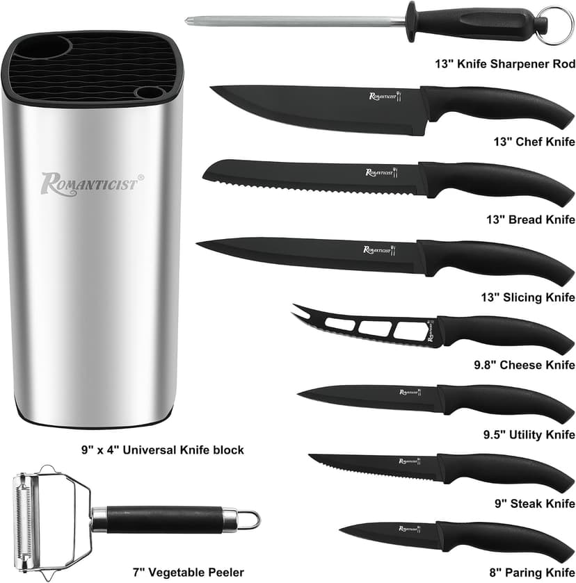 ROMANTICIST Kitchen Knife Sets, 10PCS High Carbon Stainless Steel Knife Sets with Block, Black Knife Block Set, Knives Set for Kitchen with Anti-slip Handle, Exquisite Knives Set New Home Essentials B0FL25YQ5J