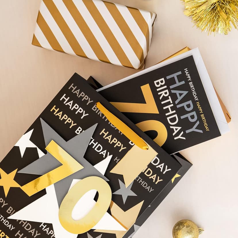 Loveinside Birthday Gift Bag with Tissue Paper and Greeting Card for 70 Birthday - 10" x 5" x 13", 1 Pcs, Black Gold