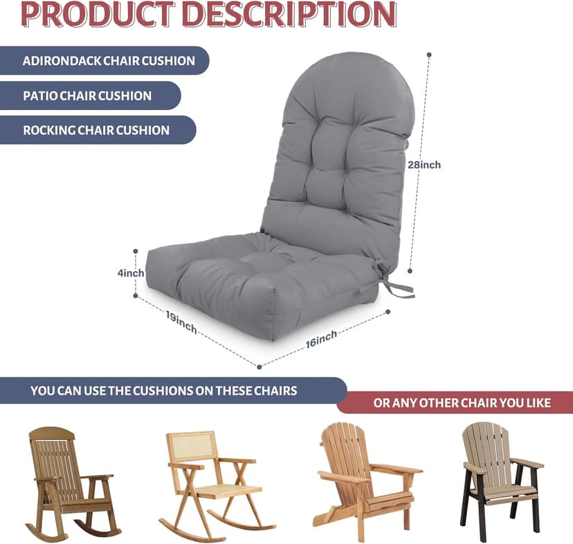 Adirondack Chair Cushion,Outdoor Waterproof Rocking Chair Cushion 44x19x4in Gray Non-Slip High Back Patio Chair Cushions, Comfortable Weather Resistance Seat Pad