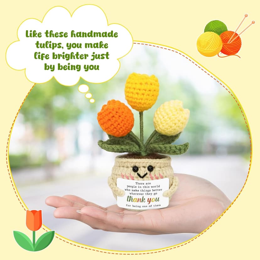 OASSIE Thank You Gifts for Women - Mini Handmade Positive Tulip Flowers Crochet with Message Card - Christmas Birthday Farewell Employee Appreciation Gifts for Coworkers, Emotional Support Crochet