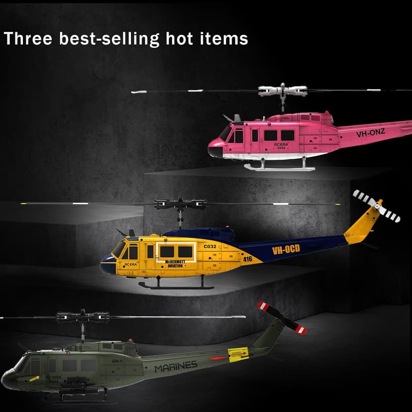 RC ERA C032 UH-1 Huey Helicopter - Remote Control Helicopters for Adult, 1/48 Sacle 2.4G 6CH Gyro Stabilized Aircraft with Altitude Hold & Optical Flow,3D Stunt Drone (Yellow)