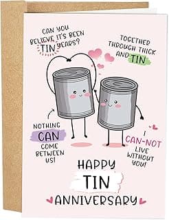 Funny 10 Years Anniversary Card, Cute Tin Pun 10th Anniversary Card for Husband Wife, Hilarious Ten Years Anniversary Card for Him Her, Happy Tin Wedding Anniversary Card