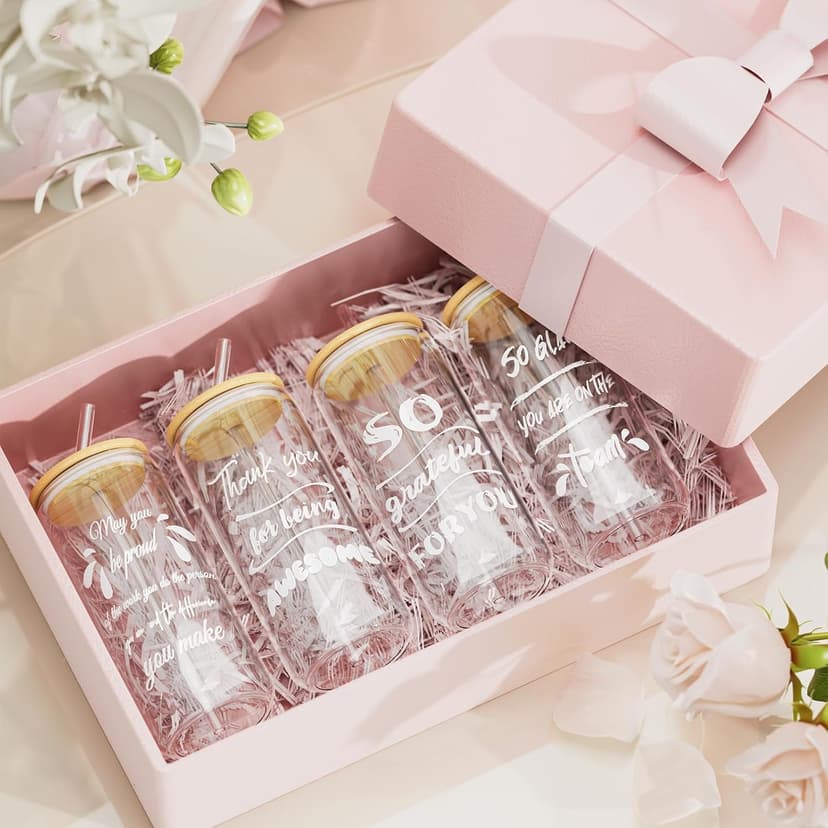 12 Set Employee Appreciation Gifts, Inspirational Thank You Gift for Team, Teacher, Nurse, Coworkers, Employees, Staff - Employee Christmas Gifts, 20oz Glass Cups with Lids and Straws (Mixed)