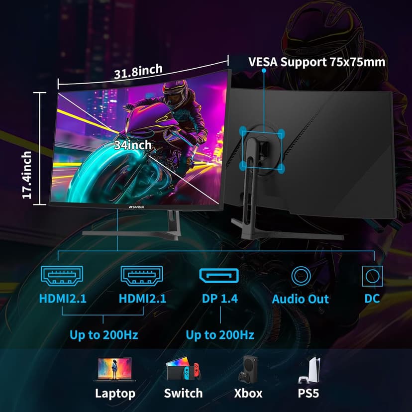 SANSUI 34-Inch Curved Gaming Monitor UWQHD 3440 x 1440P Up to 200Hz 165Hz Curved 1500R - PIP/PBP, OD 1ms, HDR, 300nits, sRGB 130%, DCI-P3 97%,AI Crosshair,HDMI2.1x2,DP1.4(Cable Included)