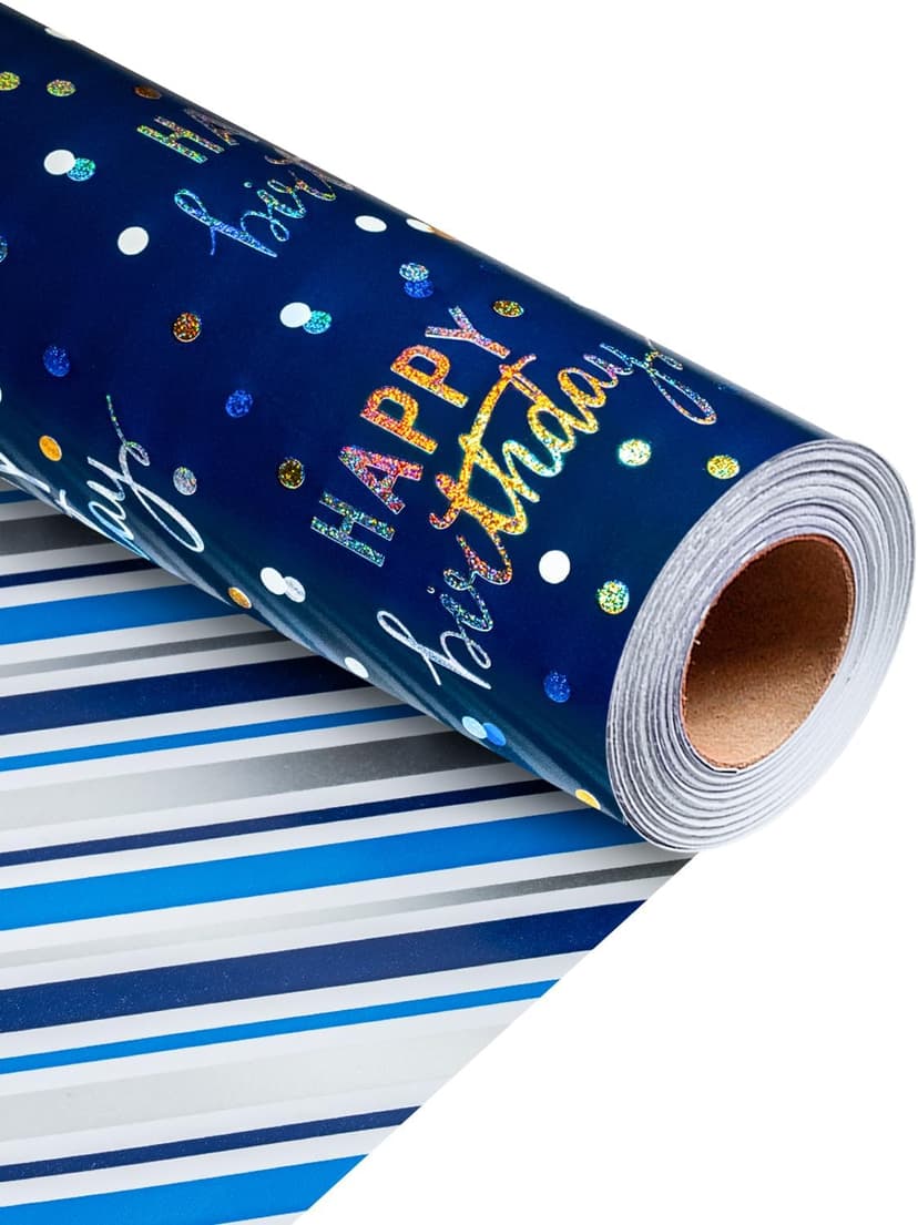 MAYPLUSS Birthday Wrapping Paper Roll, Blue Metallic Holographic Happy Birthday Wrapping Paper Featuring Revesible Stripe Gift Wrap Paper for Boys Kids Girls Men, 17 Inches x 33 Feet B0FX9W1LZD