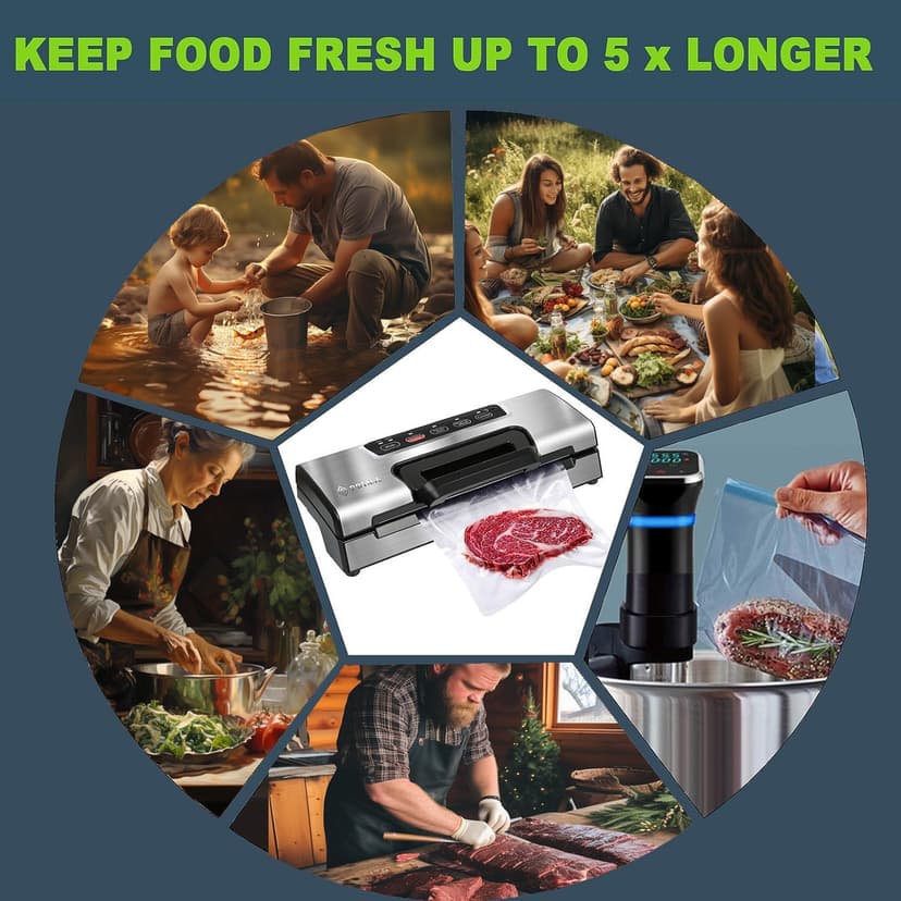 Precision Vacuum Machine,Pro Food Sealer with Built-in Cutter and Bag Storage(Up to 20 Feet Length), Both Auto&Manual Options,2 Modes,Includes 2 Bag Rolls 11”x16’ and 8”x16’,Compact Design